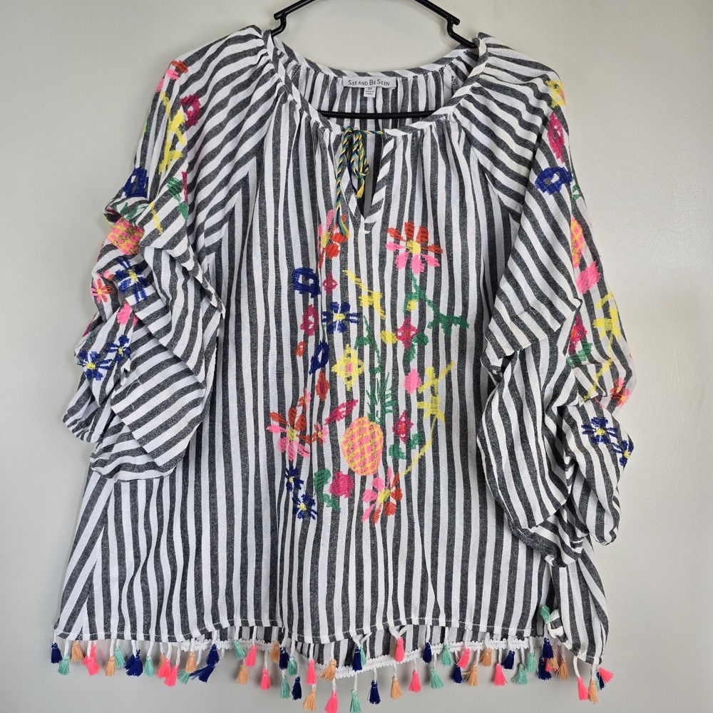 See And Be‎ Seen M Top Stripe Embroidered Pineapple Flowers Tassels Beach.C141